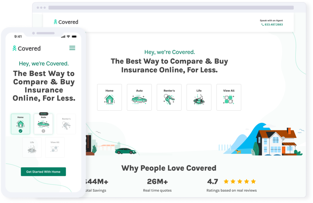 Mockup of the Covered website for both mobile and desktop website